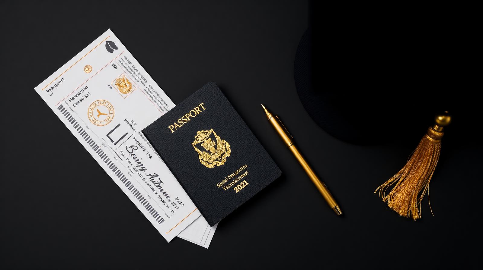 Luxury student visa — passport, boarding pass and graduation cap on onyx